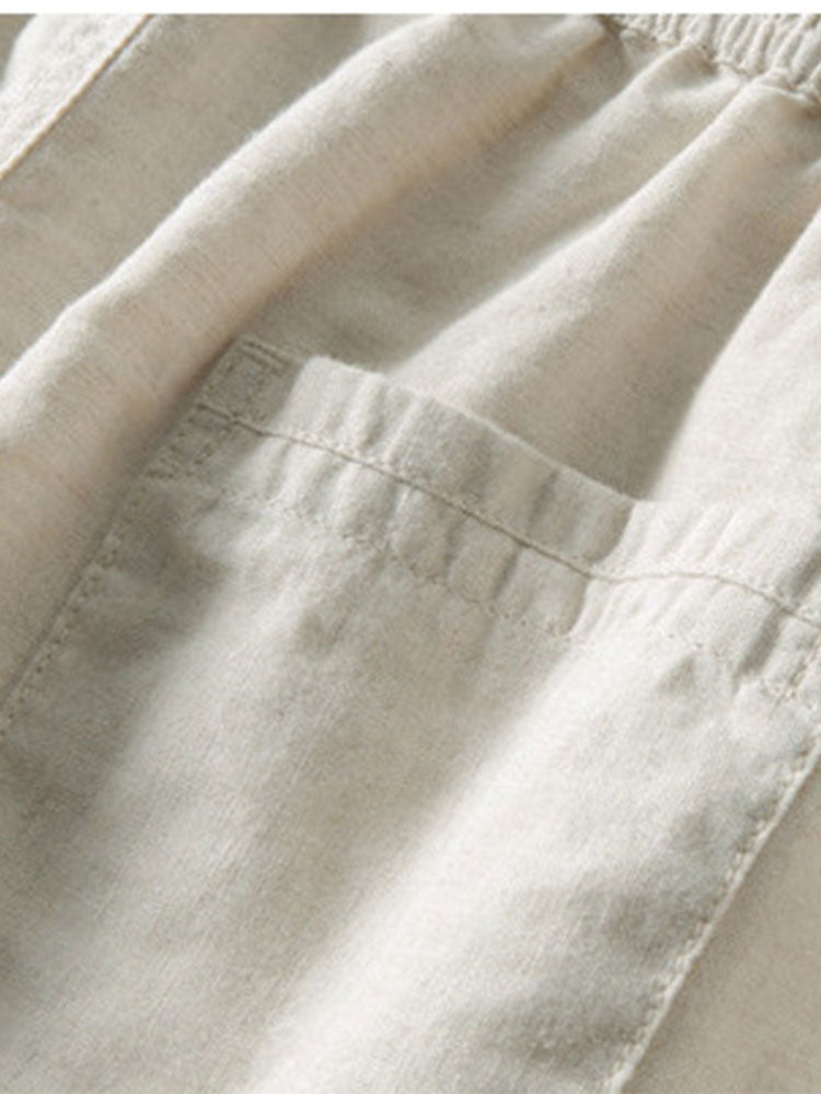 Striped V-Neck Crochet Polo with Straight-Leg Linen Pants