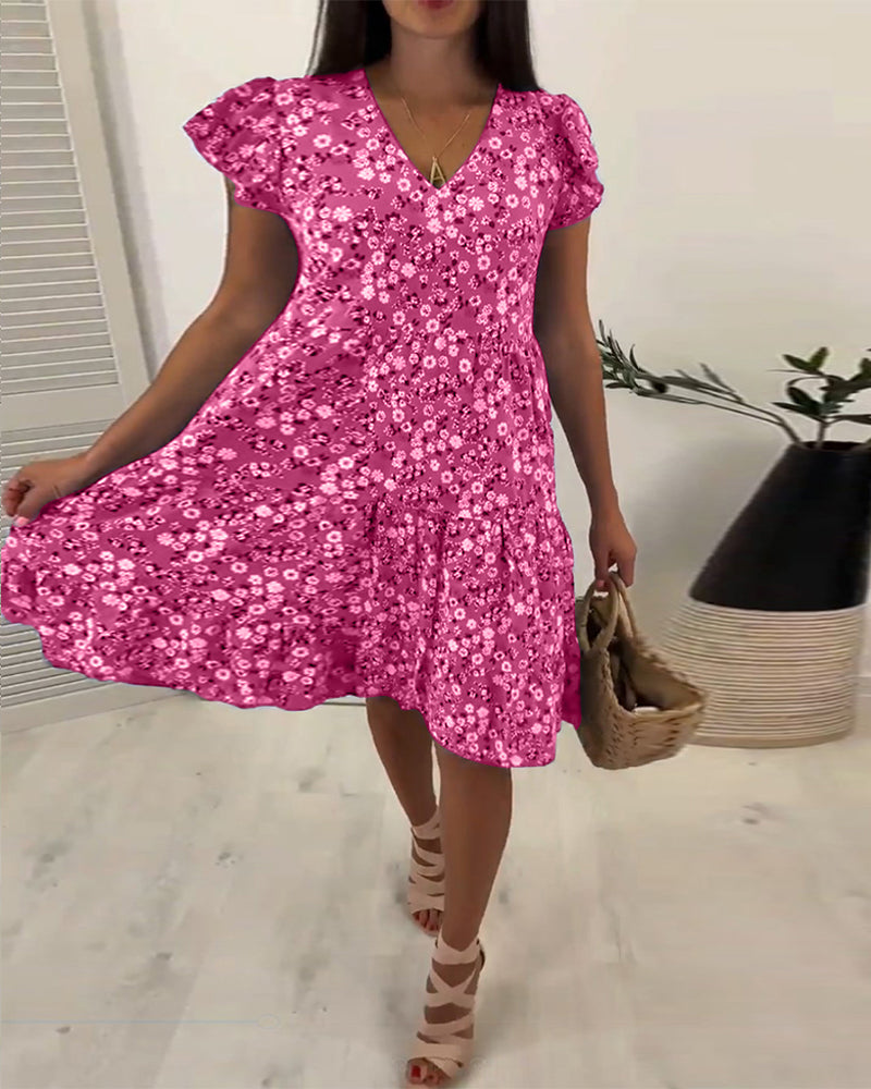 Laluna® | V-Neck Midi Dress with Floral Sleeves
