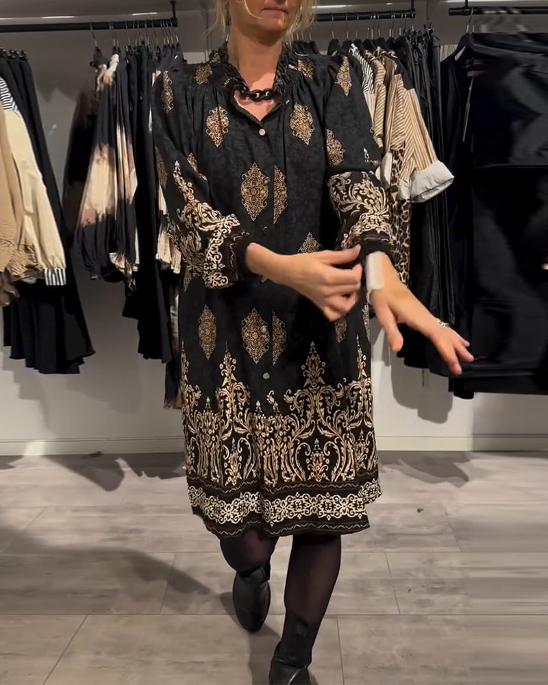 Retro Printed Collar Dress with Button Details