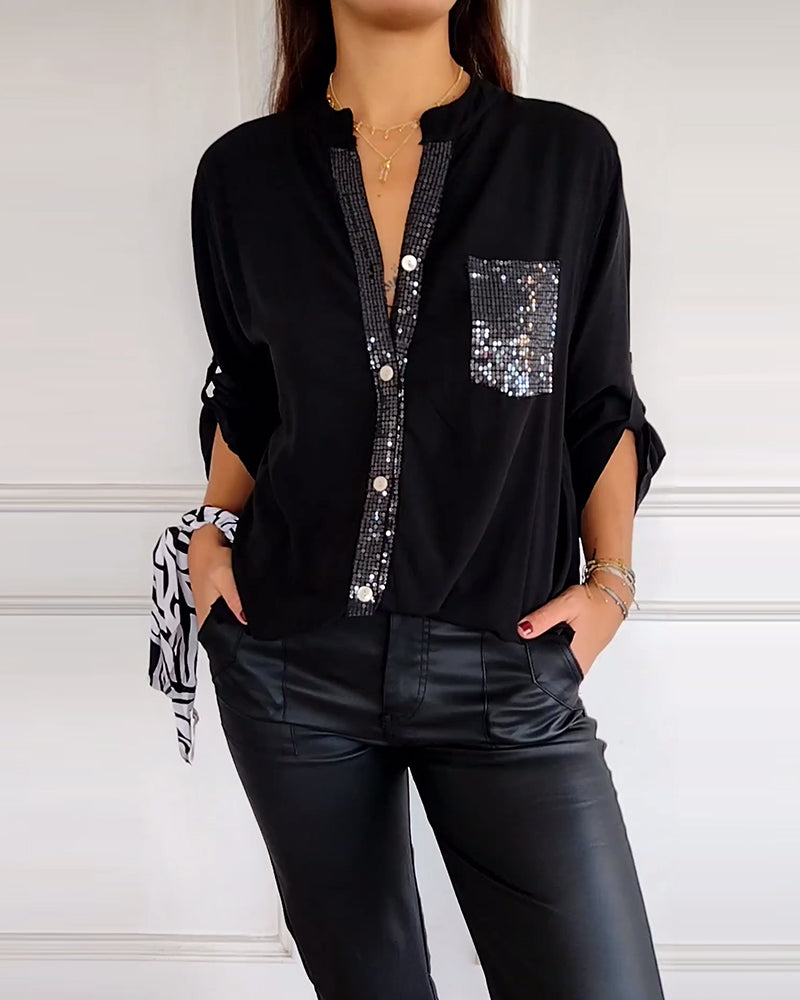 Laluna® | Casual Top Featuring Sequin Detail and Button Accents