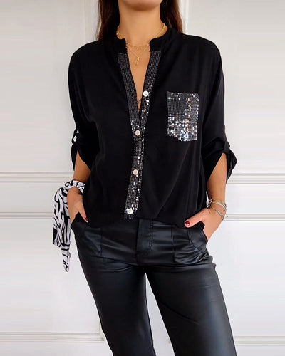 Laluna® | Casual Top Featuring Sequin Detail and Button Accents