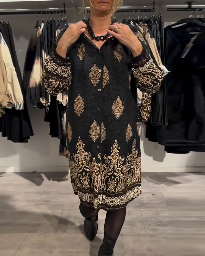 Retro Printed Collar Dress with Button Details