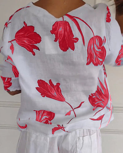 Floral Print Cotton-Linen Blend Top
