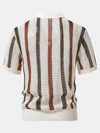 Striped V-Neck Crochet Polo with Straight-Leg Linen Pants