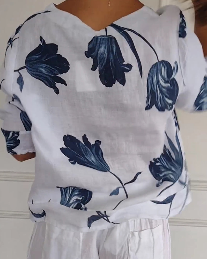 Floral Print Cotton-Linen Blend Top