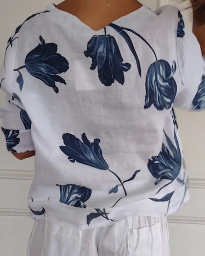 Floral Print Cotton-Linen Blend Top