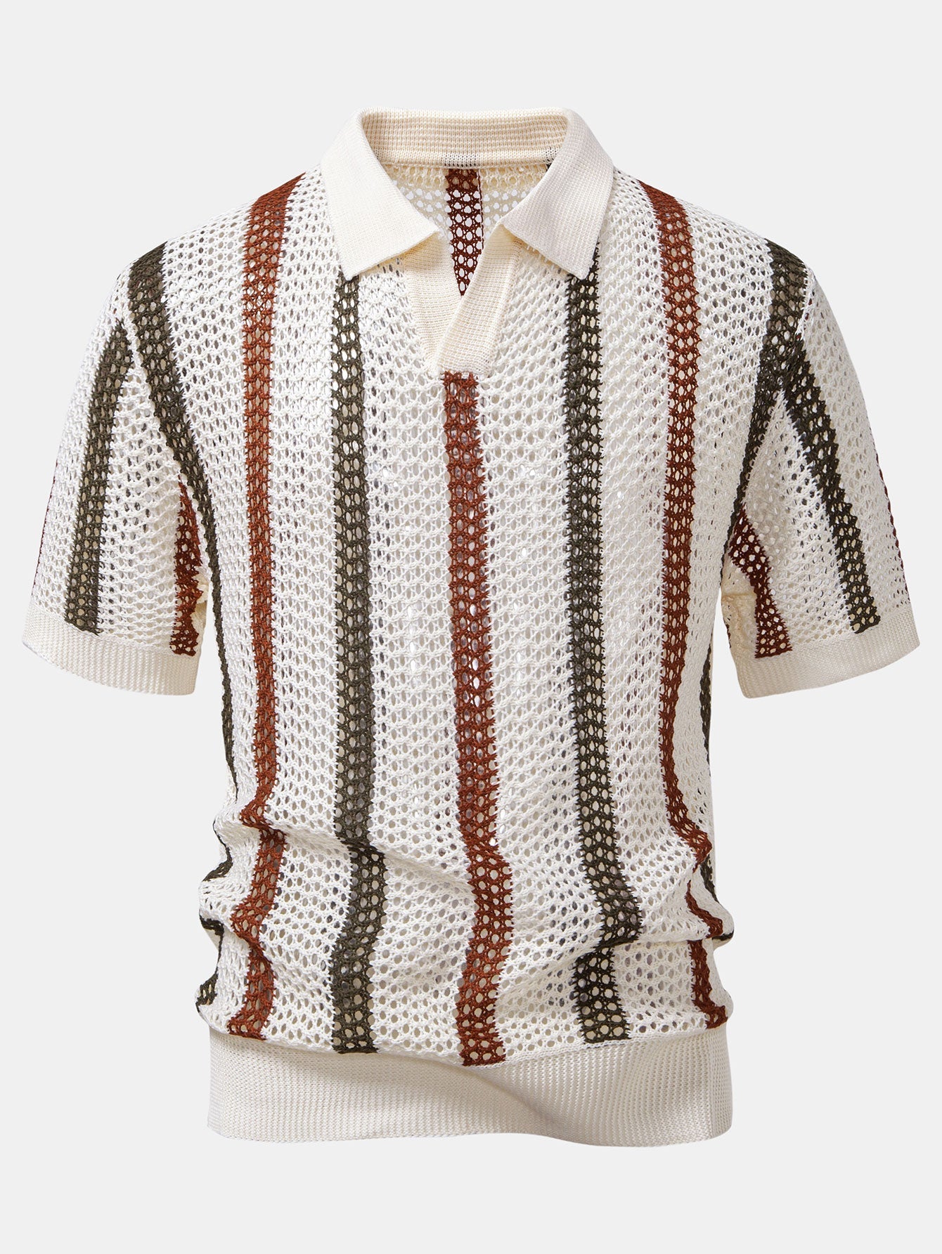 Striped V-Neck Crochet Polo with Straight-Leg Linen Pants