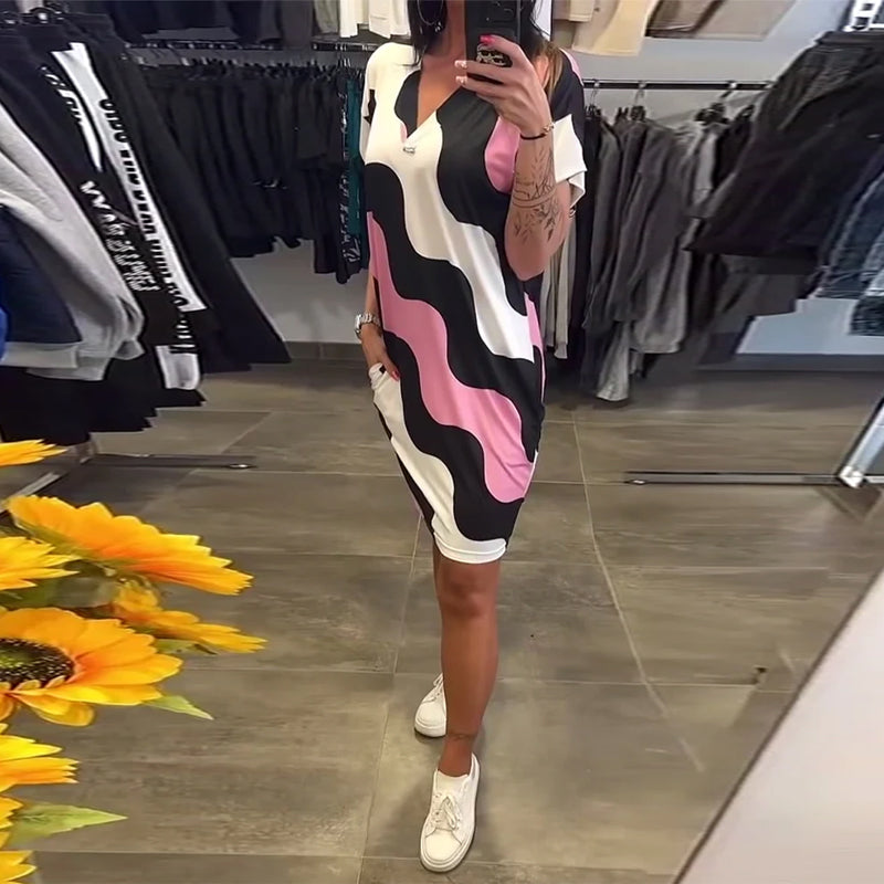 Laluna® | V-Neck Dress Featuring Wave Design