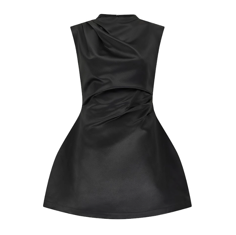 Laluna® | Satin Straight Neck Mini Dress" can be rewritten as "Laluna® | Sleek Satin Mini Dress with Straight Neckline.