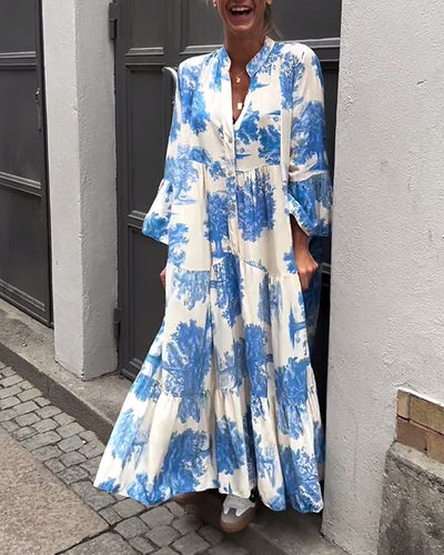 Laluna® | V-Neck Patchwork Dress with Bell Sleeves