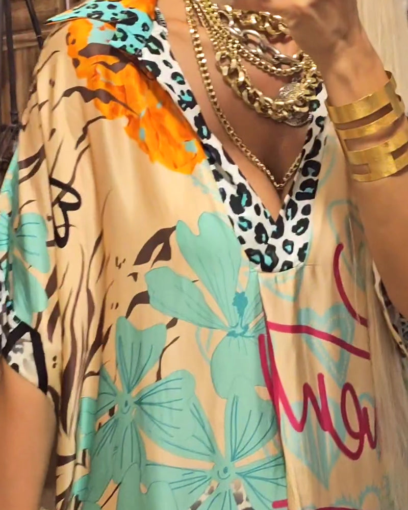 Laluna® | Vibrant Printed Casual Dress with Deep V-Neck