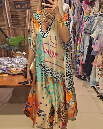 Laluna® | Vibrant Printed Casual Dress with Deep V-Neck