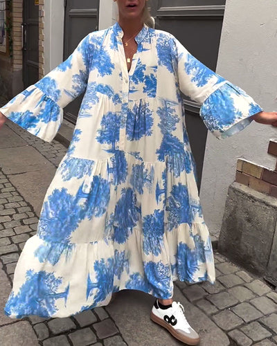 Laluna® | V-Neck Patchwork Dress with Bell Sleeves