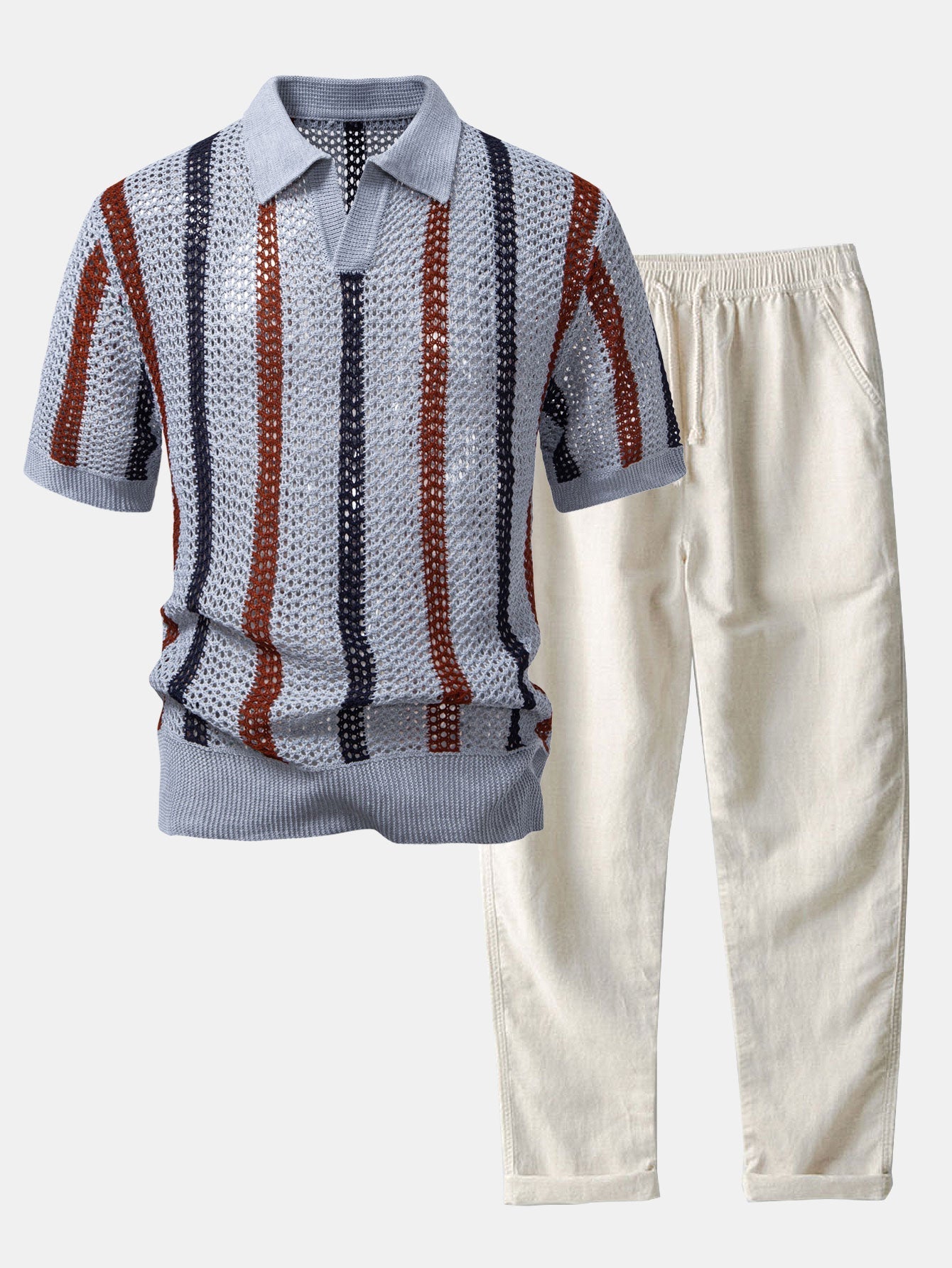 Striped V-Neck Crochet Polo with Straight-Leg Linen Pants