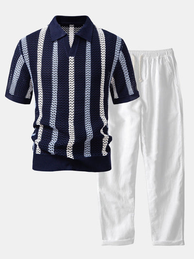 Striped V-Neck Crochet Polo with Straight-Leg Linen Pants