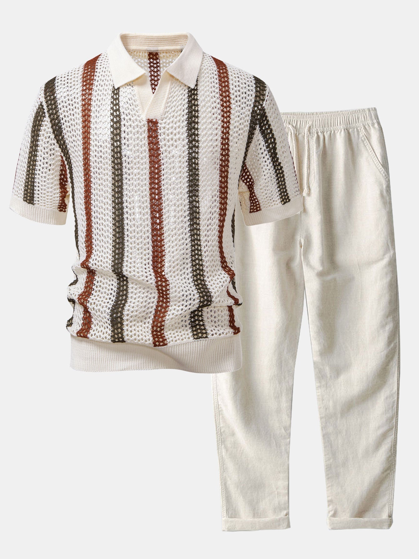 Striped V-Neck Crochet Polo with Straight-Leg Linen Pants