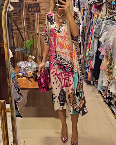 Laluna® | Vibrant Printed Casual Dress with Deep V-Neck