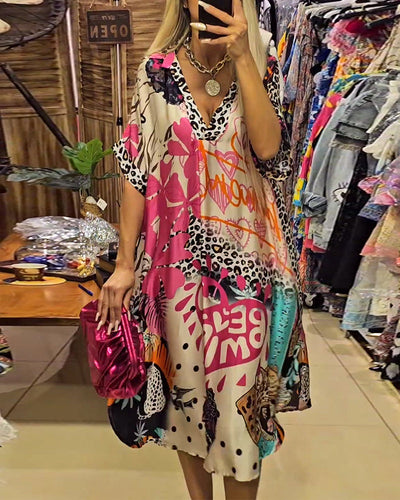 Laluna® | Vibrant Printed Casual Dress with Deep V-Neck