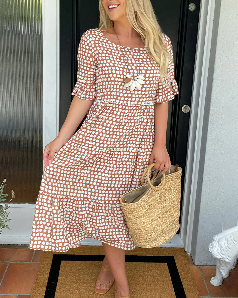 Laluna® | Polka Dot Print Midi Dress with Round Neck