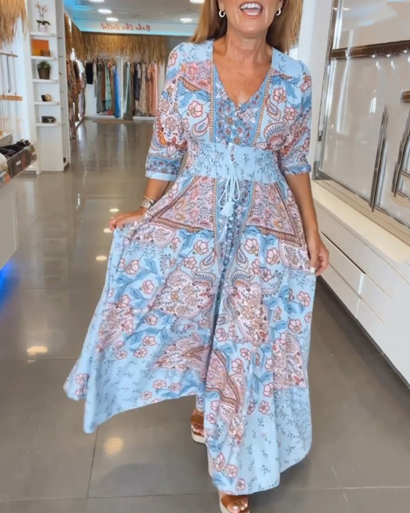 Laluna® | V-Neck 3/4 Sleeve Vacation Dress