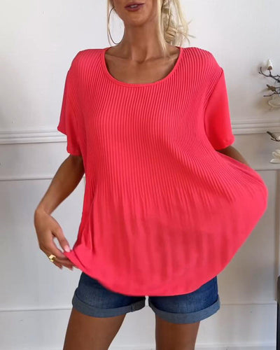 Relaxed Pleated Blouse with Round Neck