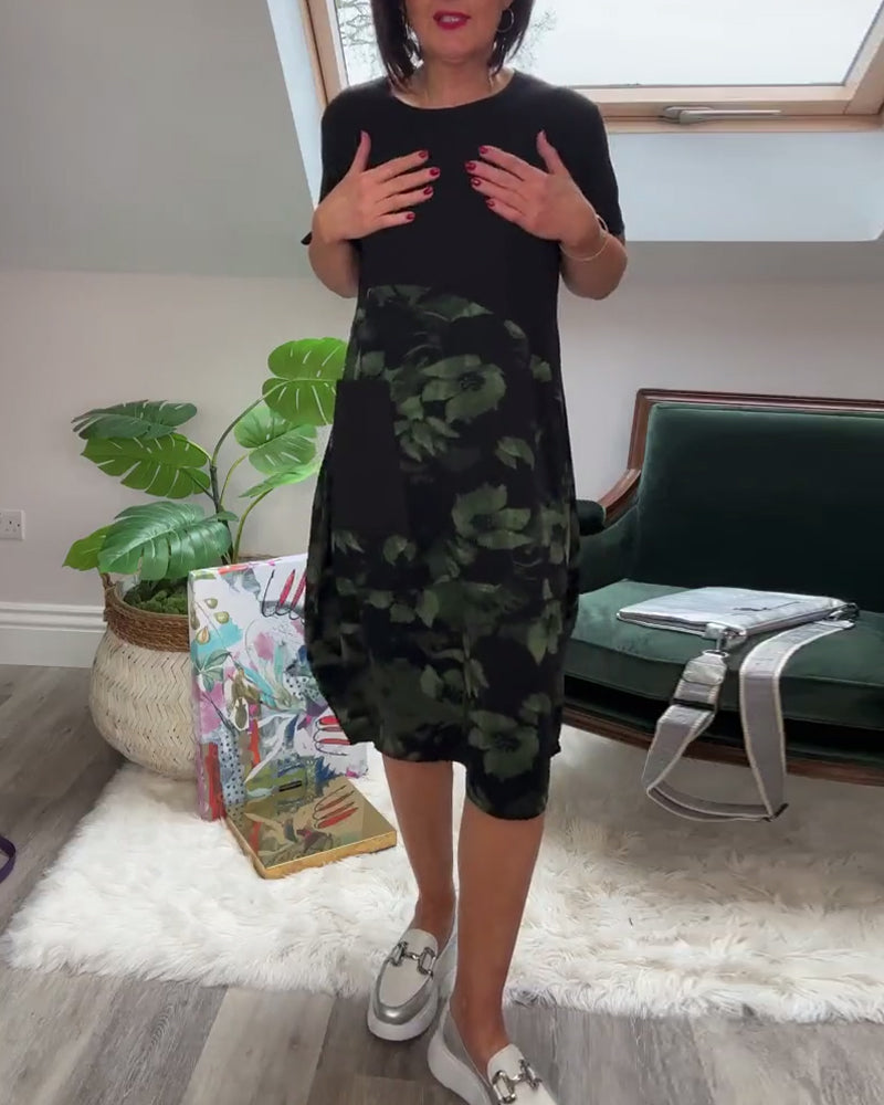 Floral Print Patchwork Dress with Round Neck