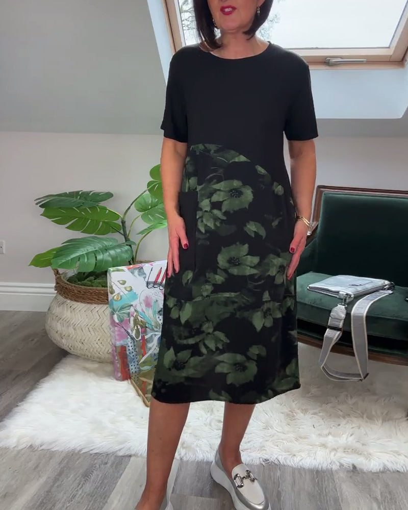 Floral Print Patchwork Dress with Round Neck