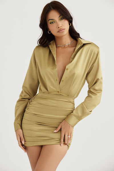 Laluna® Olive Green Satin Shirt Dress