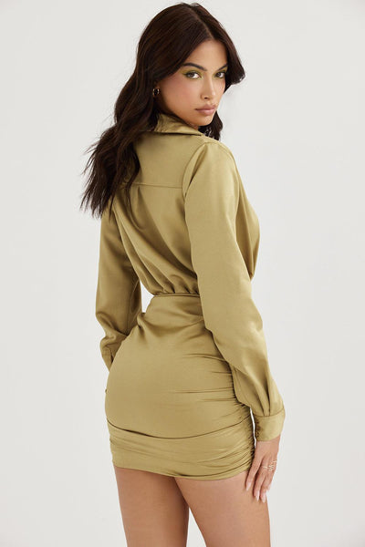 Laluna® Olive Green Satin Shirt Dress