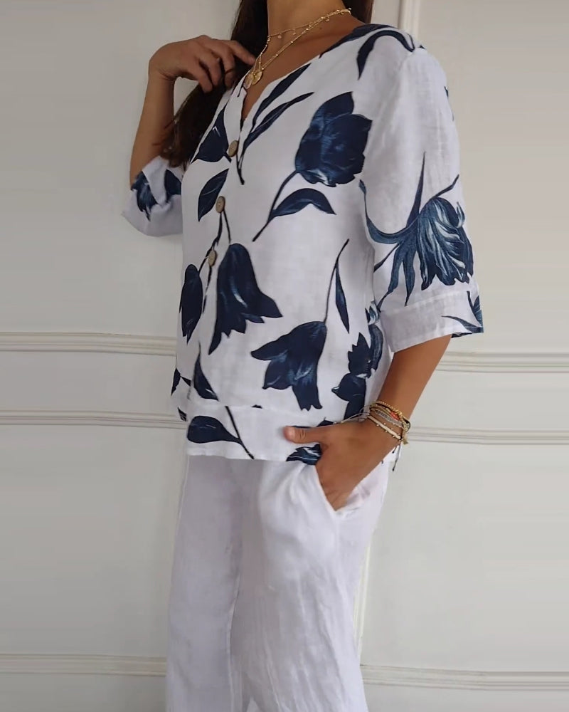 Floral Print Cotton-Linen Blend Top