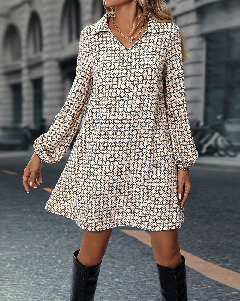 Long Sleeve Lapel Printed Dress