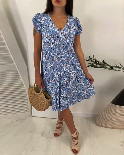 Laluna® | V-Neck Midi Dress with Floral Sleeves