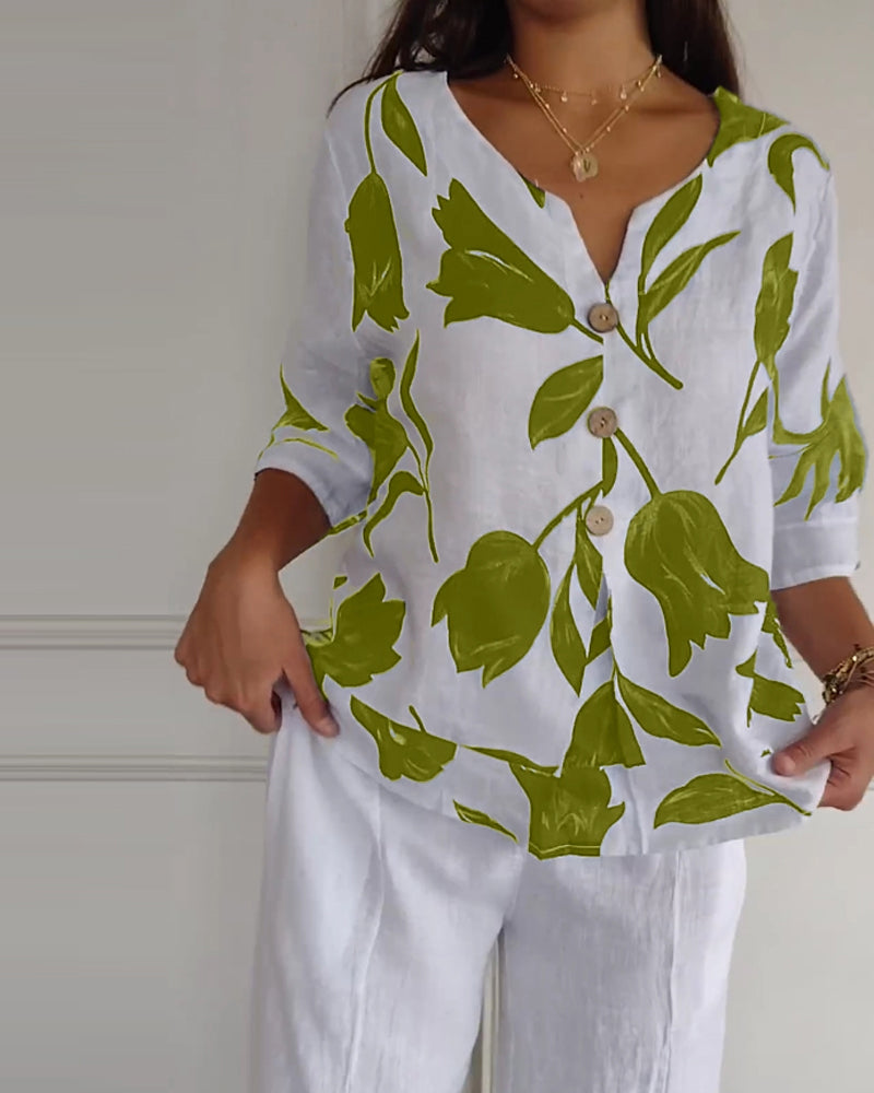 Floral Print Cotton-Linen Blend Top