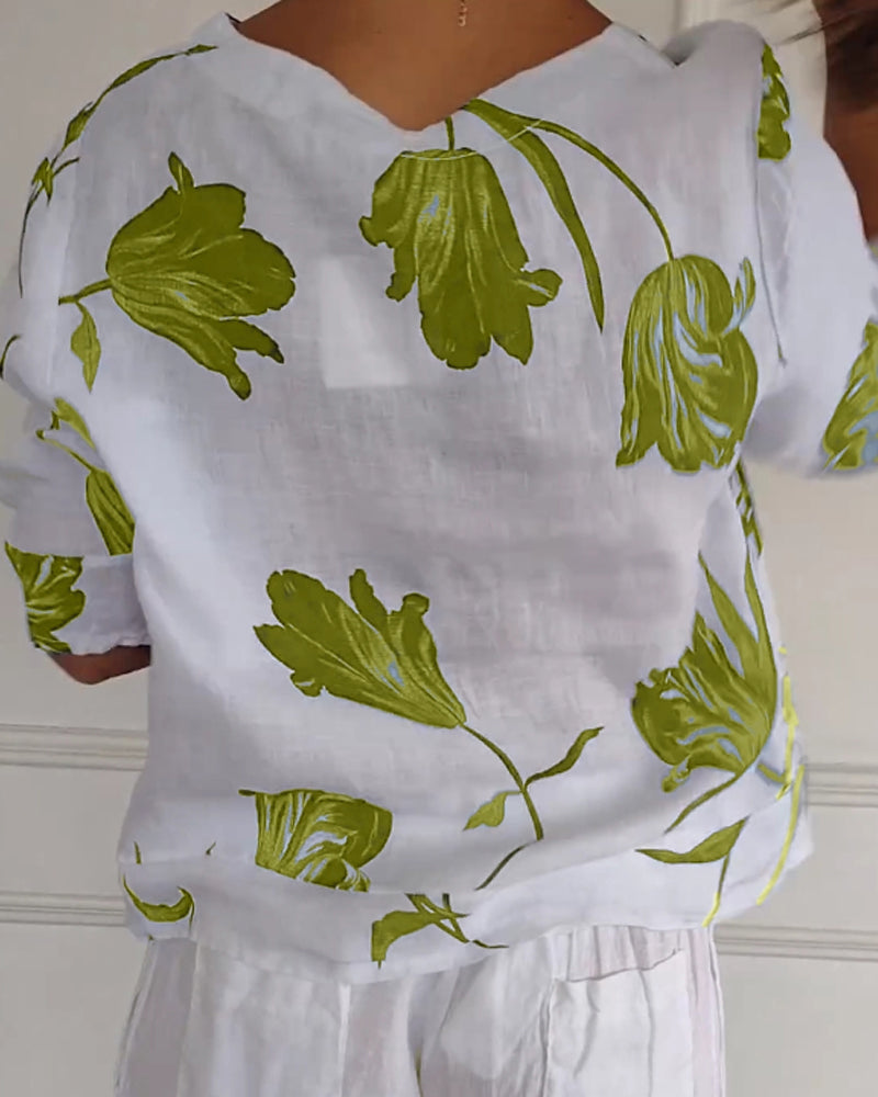 Floral Print Cotton-Linen Blend Top