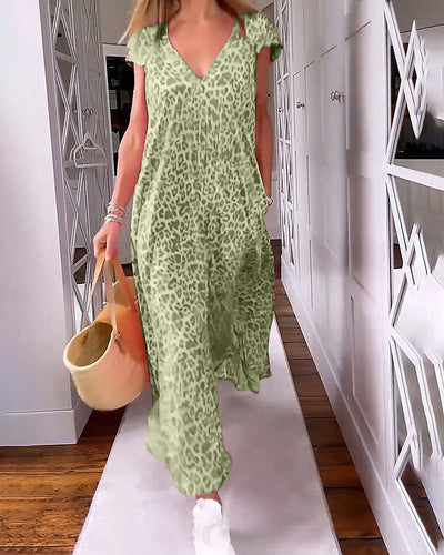 Laluna® | Printed Maxi Dress with V-Neck and Short Sleeves
