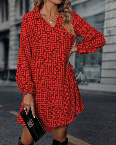 Long Sleeve Lapel Printed Dress