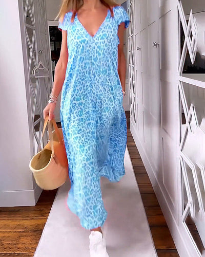 Laluna® | Printed Maxi Dress with V-Neck and Short Sleeves