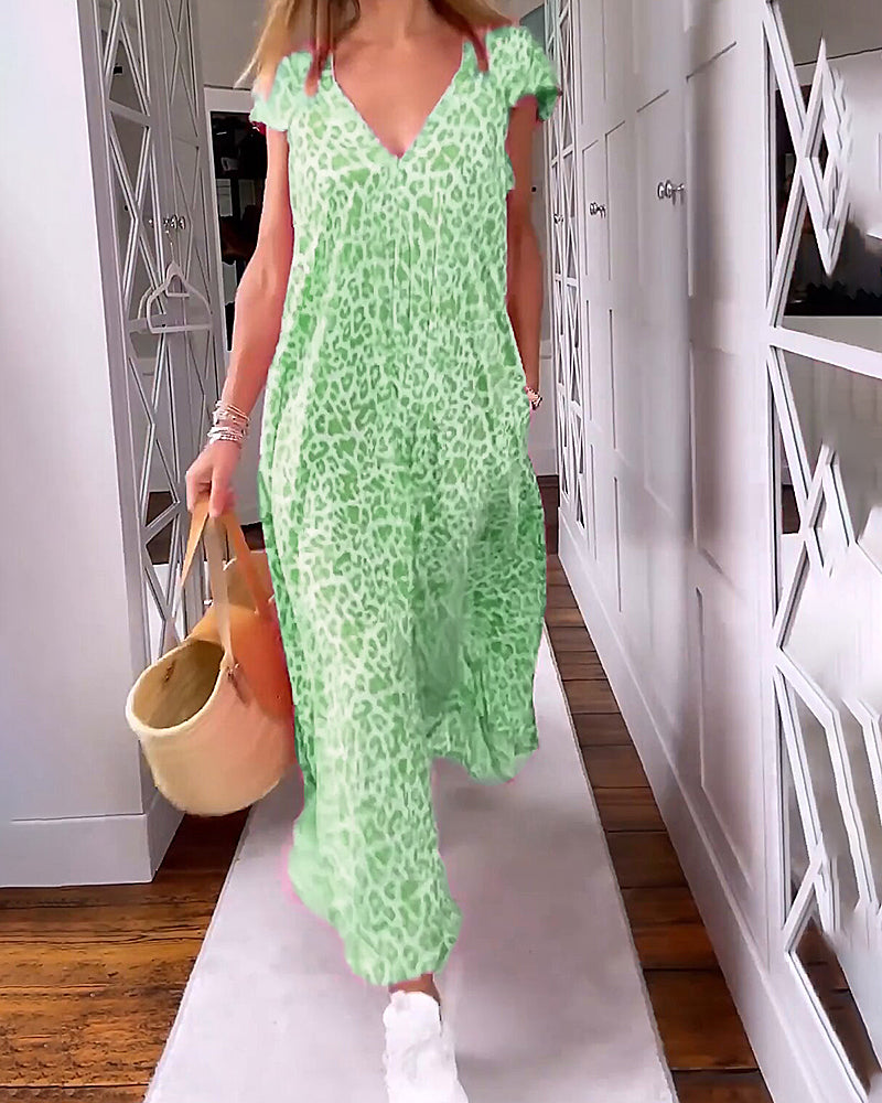 Laluna® | Printed Maxi Dress with V-Neck and Short Sleeves
