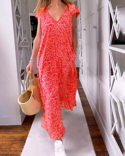 Laluna® | Printed Maxi Dress with V-Neck and Short Sleeves